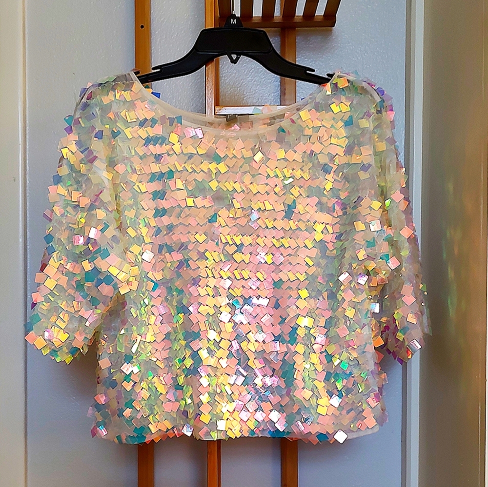 ASOS Iridescent beaded mesh top. Size 6. White Mesh.